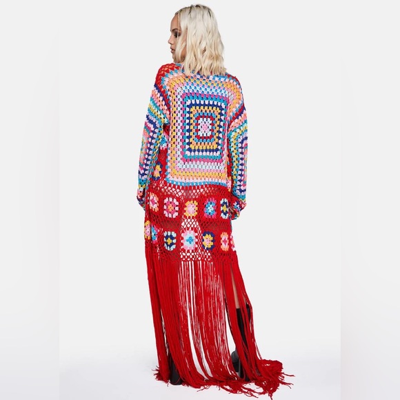 Red Fringe, Crochet Knit Cardigan - Picture 3 of 3